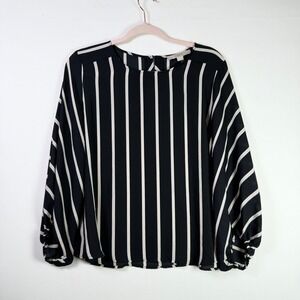 LOFT Black Cream Striped Balloon Sleeve Blouse MP